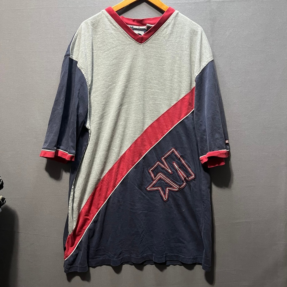 Vintage Mecca USA Shirt Mens XXL Blue Gray Red Colorblock Embroidered V-Neck